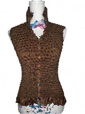 Y2K Radiance Bronze Crinkle Satin Halter Top Stretchy Button Front